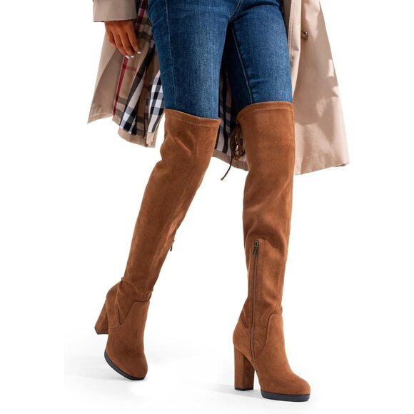 Women's Camel-imitation Suede Thigh High Over The Knee Rounded Toe Tall Boot - Picture 6 of 9